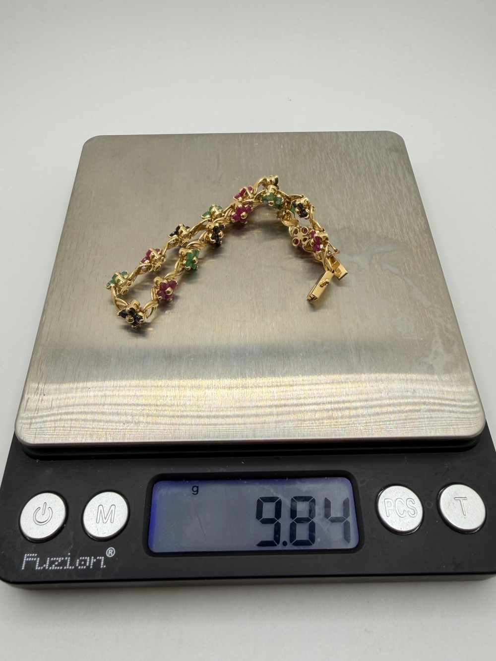 7" Vintage 4.84ctw Ruby, Sapphire, Emerald Flower Tennis Bracelet in 14kt YG! - Picture 12 of 12